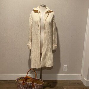 Gap Hooded Sweater Cardigan Cream‎ Ribbed Knit Tassel Tie Size Small